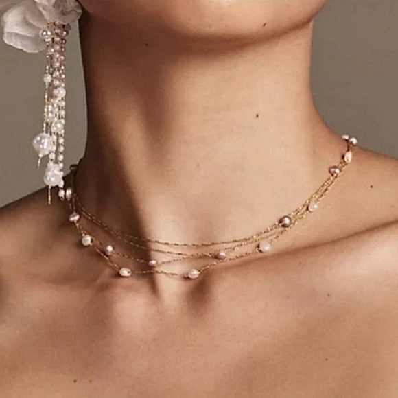 Anthropologie Mauve Grey Pearl Station Layered Necklace - Picture 4 of 4